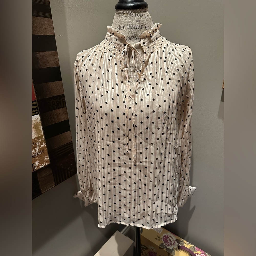 Ophelia Roe Blush Pink and Black Polka-Dot Shimmer Blouse GUC